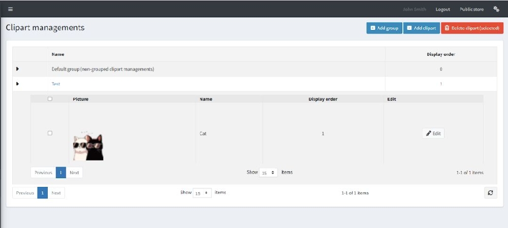 clipart item configuration page